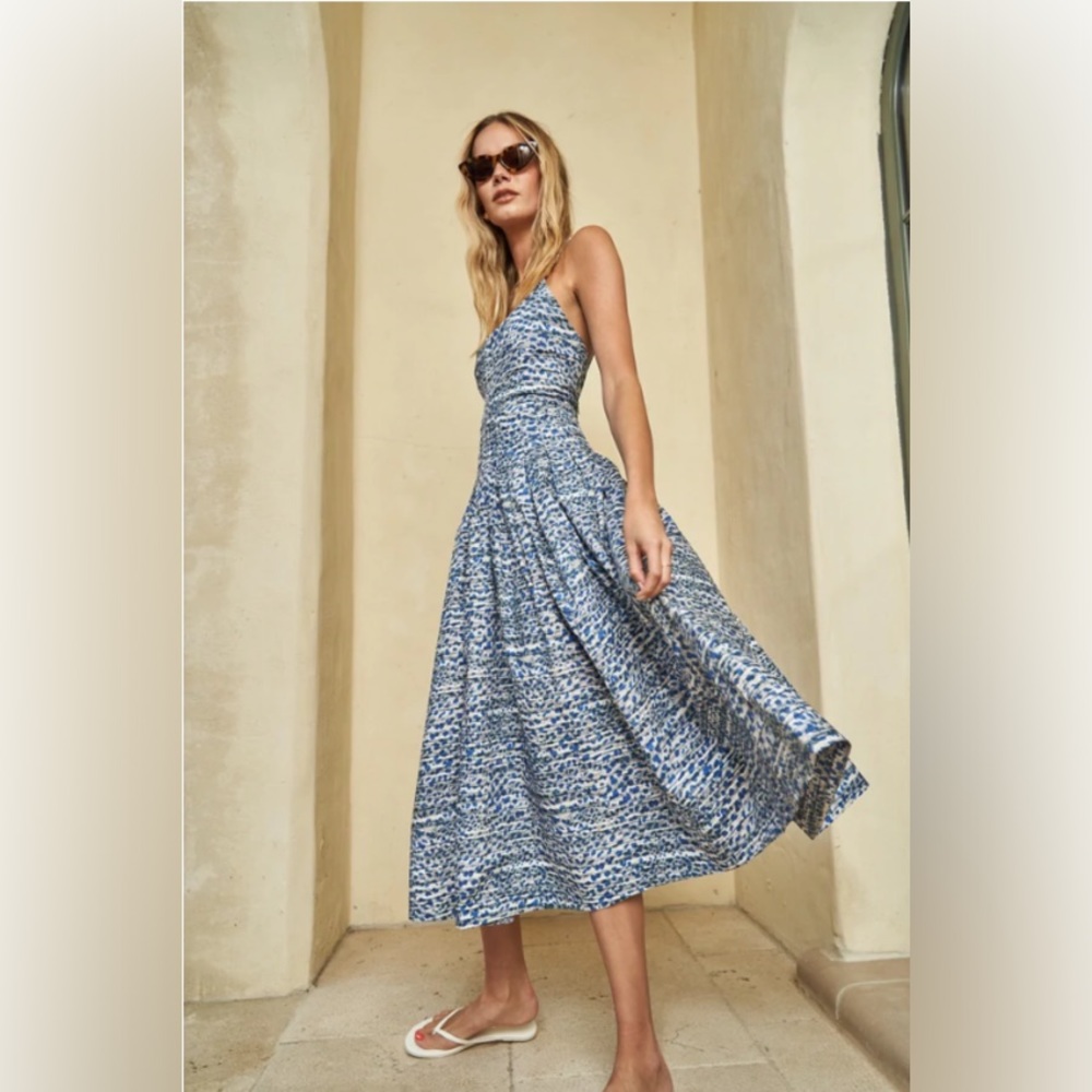 Hunter Bell Naomi Dress blue leopard print pleated midi dress